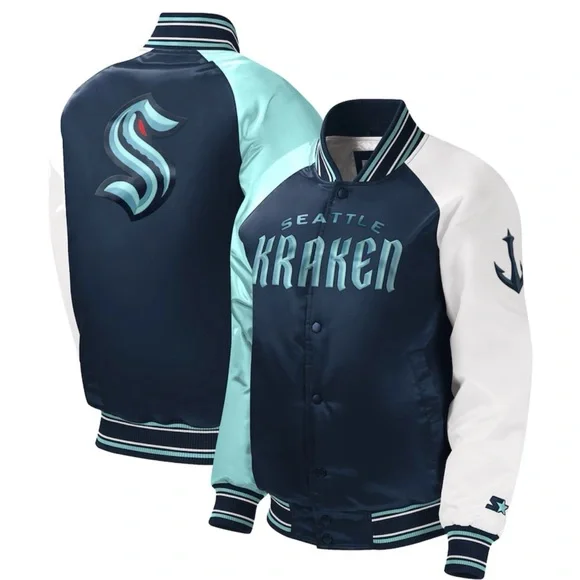 Seattle Kraken Navy Teal White Bomber Jacket - Picture 5 of 7